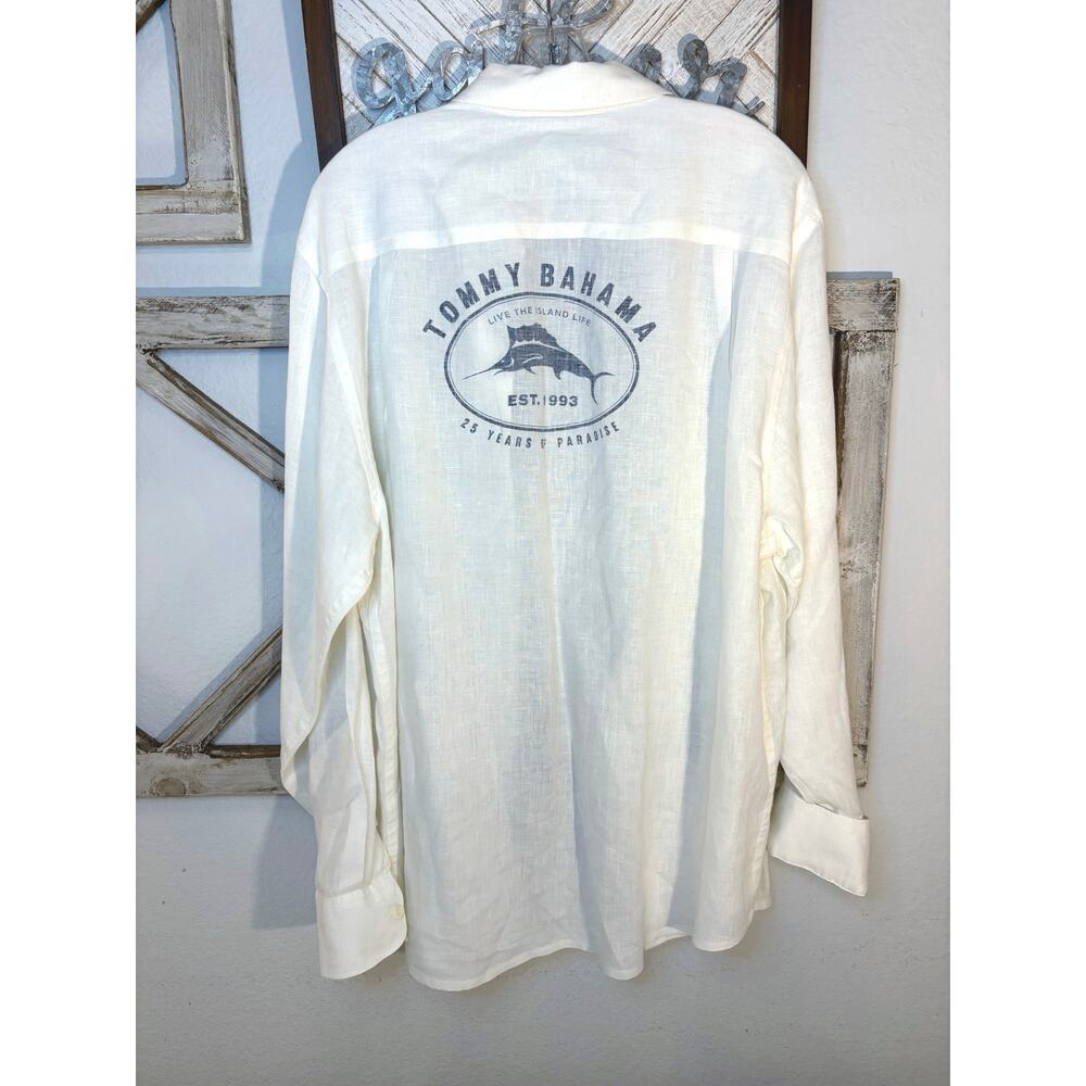 TOMMY BAHAMA NWOT 25 Yrs Of Paradise Mens Long Slv Linen Shirt Size L White